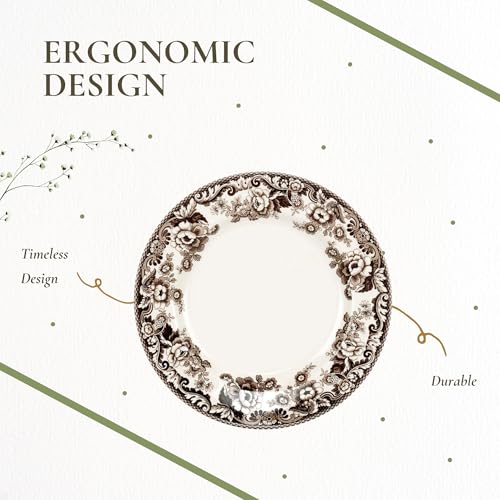 Dinner Plate Set of 4 - 10.5 Inch White and Brown Earthenware, Microwave & Dishwasher Safe | Delamere Pattern