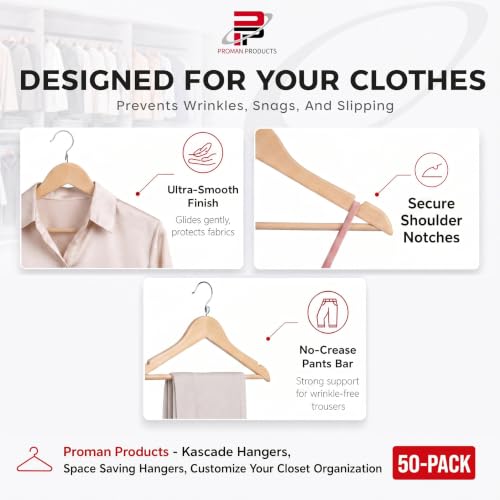 Natural Wooden Space-Saving Clothes Hangers with Cascading Rings - 50 Pack
