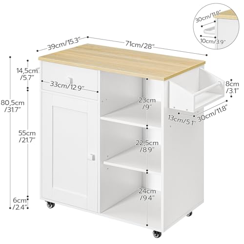 White & Natural Kitchen Island with Storage Drawer & Spice Rack - Mobile Kitchen Cart with Lockable Wheels