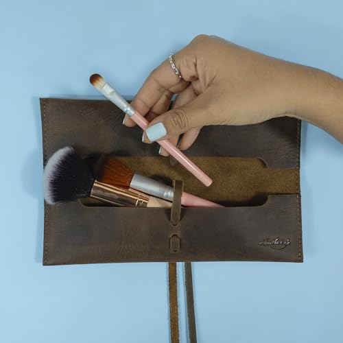 Heather's Rectangular Makeup Brush Organizer, Bourbon Brown Leather, Handmade, Drawstring Closure