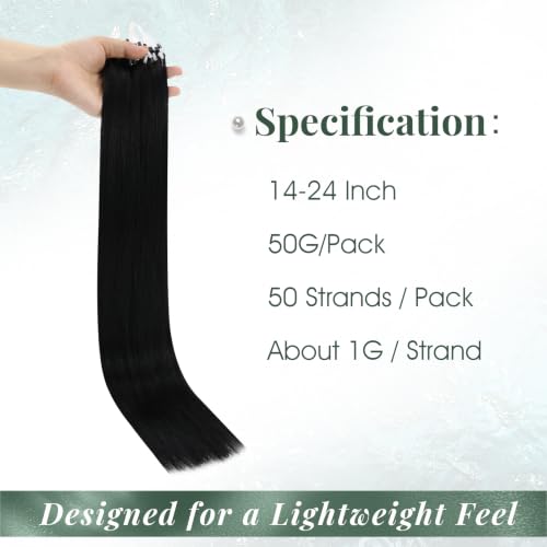 Jet Black Micro Link Hair Extensions 18 Inch 50G 50S - Natural Black, Invisible Wire, Human Hair