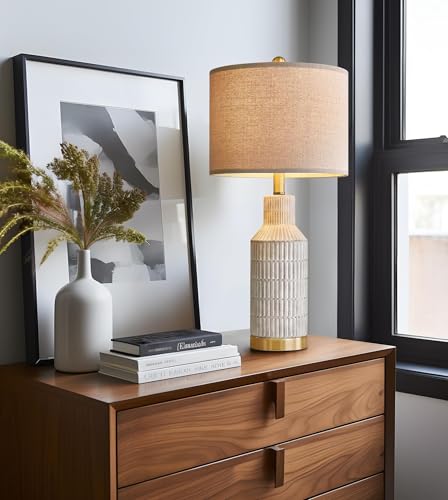 Set of 2 Modern 25-Inch White Washed Ceramic Bedside Table Lamps - Nightstand Lamps for Bedroom & Living Room - Includes Hardware & Linen Shades