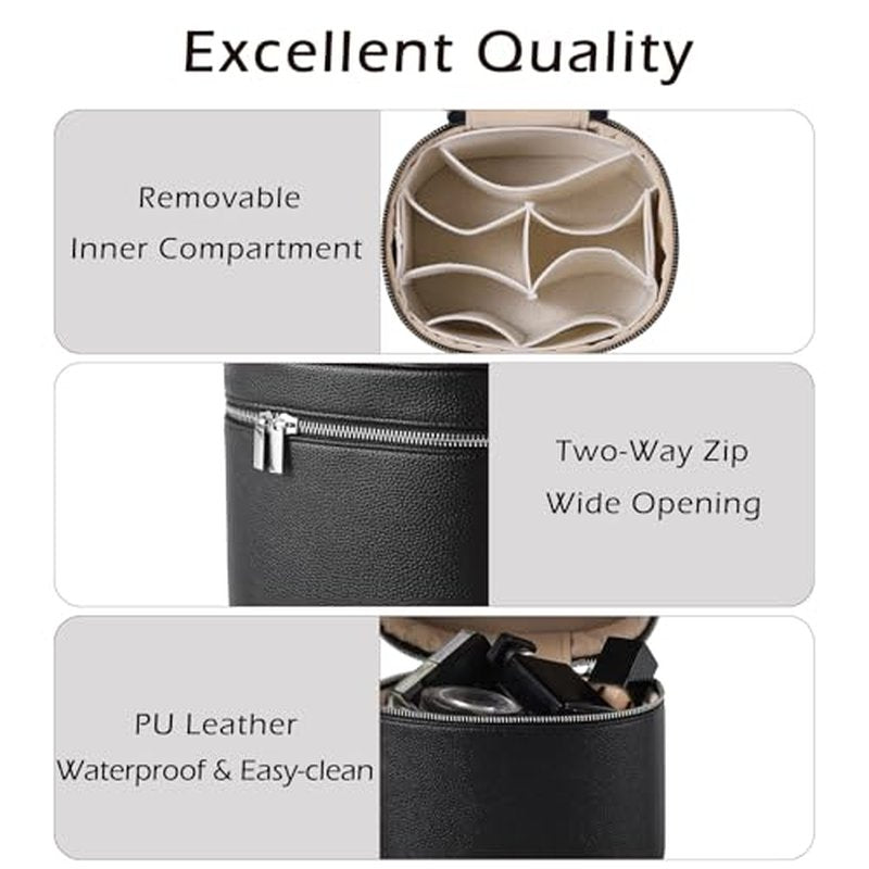 Aesthetic Makeup Bag, Travel Makeup Vanity Case with Divider and Handle, Waterproof PU Leather Cosmetic Organizer Bag, Portable Toiletry Bag for Women(03Black)