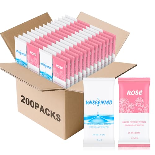 Moist Towelettes, Disposable Pre Moistened Towels Individually Wrapped, Soft Portable Face & Body Wet Towels for Travel Hotel Sport Camping Spa 9.8 inch (Pack of 200, Rose & Fresh)