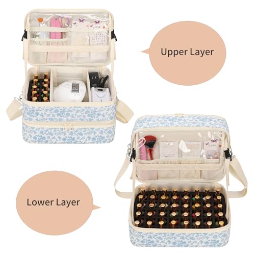 Blue Flower Nail Polish Organizer Bag Holds 50+ Bottles & UV Nail Lamp