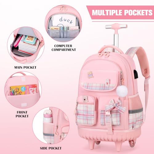 Pink Kids Rolling Backpack with Lunch Bag & Pencil Pouch - 3-in-1 School Bag