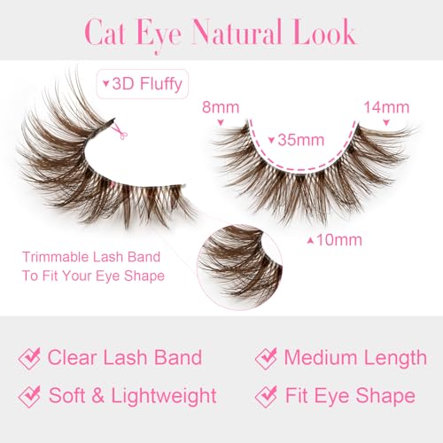 EMEDA Brown Lashes 14mm Natural Light Brown False Eyelashes Clear Band 14 Pairs Faux 3D Mink False Eyelashes Natural Looking Fluffy Cat Eye Wispy Strip Lashes Pack by EMEDA (ZH01-BROWN£©