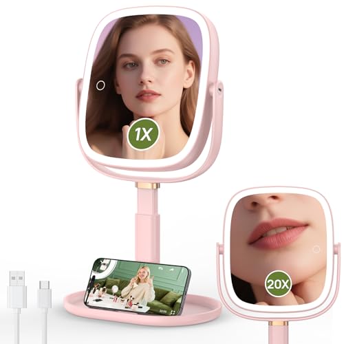 Pink Height Adjustable Lighted Makeup Mirror with 20X Magnification & Dimmable Lights