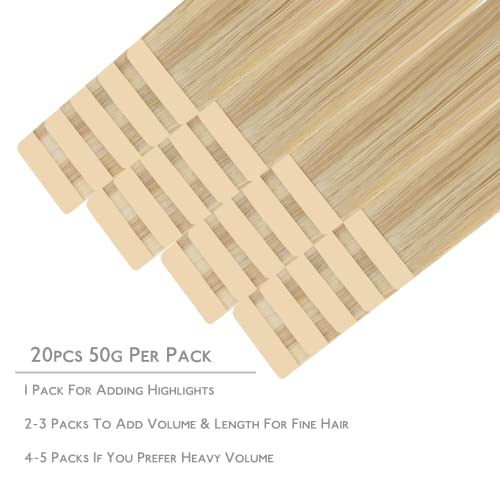Light Blonde Highlighted Golden Blonde Remy Tape-in Hair Extensions 20pcs 14 Inch