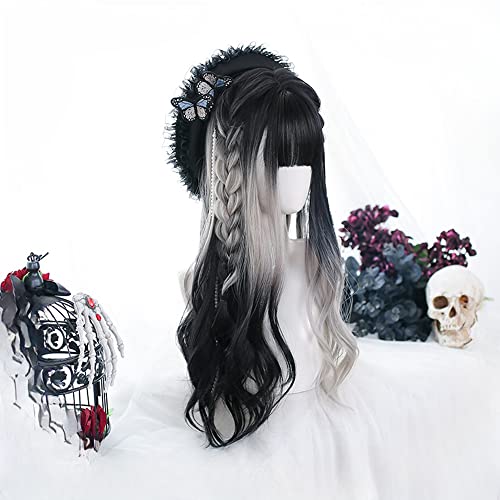 Osseoca Wavy Long Black & White Synthetic Hair Wig - Lolita Princess Style (Size 16)
