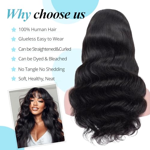 20 Inch Body Wave Human Hair Wig with Bangs - Natural Black, Lace Front, Glueless, Brazilian Virgin Hair