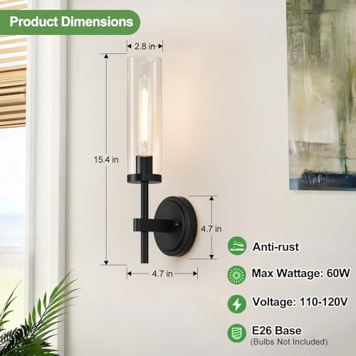 Matte Black & Clear Glass Wall Sconces Set of Two 15.5in Hardwired Bathroom & Living Room Lighting