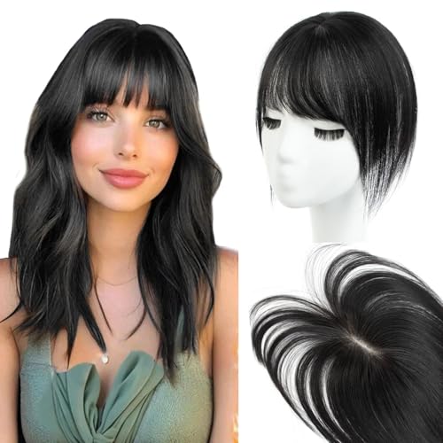 Jet Black Human Hair Topper with Bangs 10 Inch Clip-In Thinning Hair Cover for Women — Variation of Jet Black #1