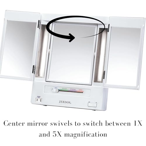 JERDON Tri-Fold Two-Sided Makeup Mirror with Lights - Vanity Mirror with 5X Magnification & Multiple Light Settings - White Base - Model JGL9W