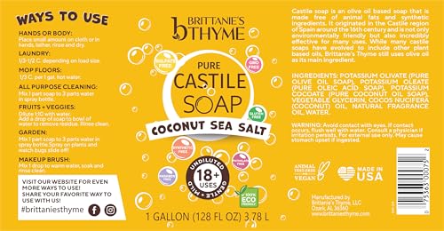 Castile Liquid Soap Refill with Coconut Sea Salt - 128 Fl Oz (Gallon) - Versatile Natural Cleaner