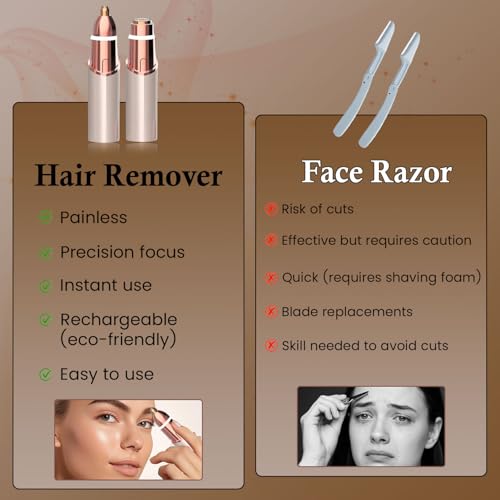 Eyebrow & Facial Trimmer: 2 in1 Rechargeable Facial Hair Removal & Eyebrow Shaver - Body Razor with Built-in LED Light (Rose Gold)