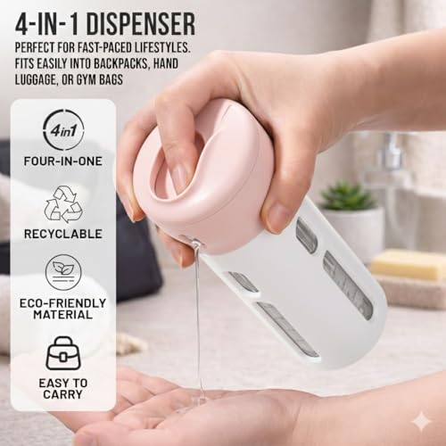 Travigo 4-in-1 Travel Dispenser Bottle, TSA Approved, Leak Proof, Four Reusable 1.4 oz. (40 mL) Toiletry Containers for Shampoo, Conditioner, Soap, Lotion, Skincare (Pink)