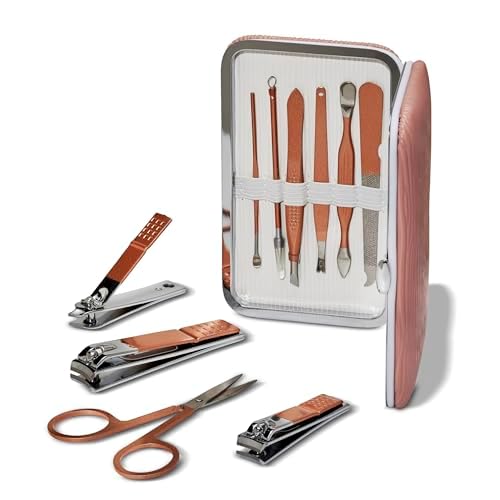 Blossom 10 in 1 Professional Manicure, Pedicure + Facial Tools Grooming Kit, Stainless Steel Nailcare Nail Clipper Kit with Nail Care Tools, Travel Case and Gift Ready Box