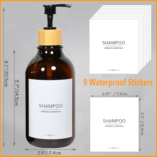 Shower Shampoo and Conditioner Bottles, Apothecary Dispenser Bamboo Pump, Refillable Bottles for Lotion Oil Hand Soap and Dish Soap, Plastic Set (3 Bottles 9 Labels) (3, Amber)