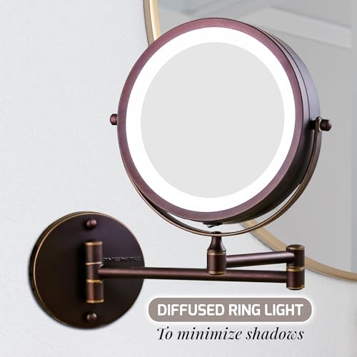 Wall Mounted Lighted Makeup Mirror - 8.5 inch, 10X Magnification, Antique Bronze
