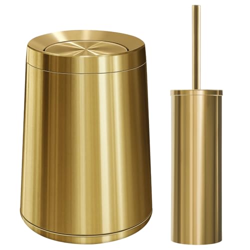 Gold Bathroom Trash Can with Lid and Toilet Brush Set - 2.6 Gallon