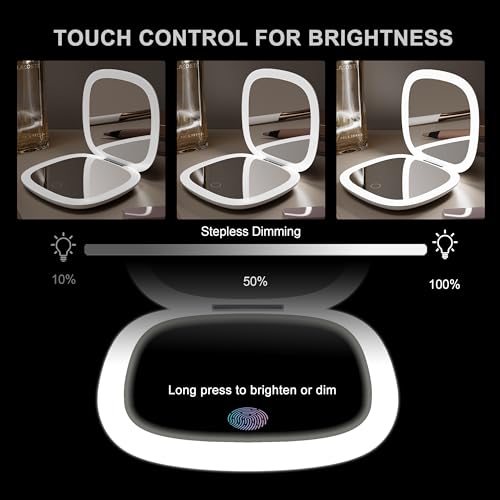 Compact Mirror with LED Light, 1x/10x Magnifying Rechargeable Dimmable Pocket Makeup Mirror for Purse, Travel, 4inch