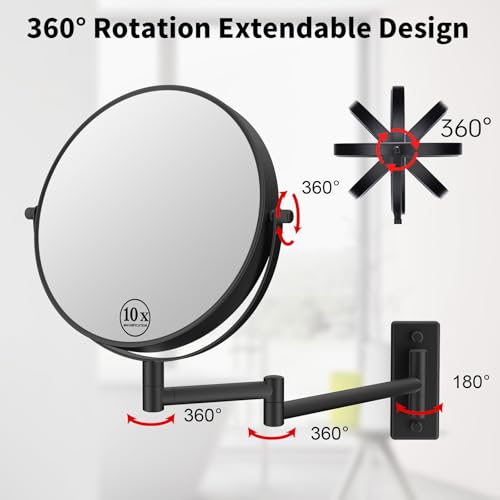8-Inch Wall Mounted Makeup Mirror - Matte Black No Lights, 1X & 10X Magnification