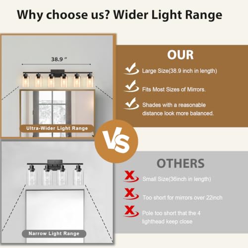 Bathroom Vanity Light Fixture - 6-Light Matte Black Wall Sconce with Clear Glass Shades