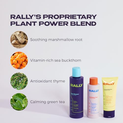 RALLY Clean Plant Powered Daily Face Routine | Healthy Skin Essentials | Teens + Athletes All Skin Types | Face Cleanser 6oz, Exfoliating Toner 4oz, Clearing Moisturizer 2oz