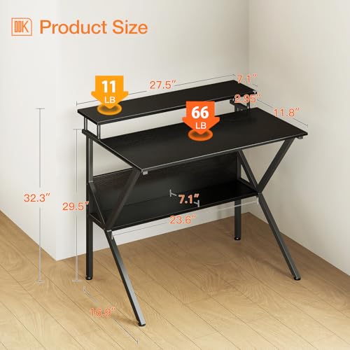 ODK 27.5 Inch Small Desk with Storage & Monitor Stand Black - Compact Home Office