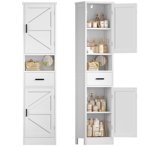 White Tall Bathroom Storage Cabinet with Barn Doors and Drawer - 67 Inch