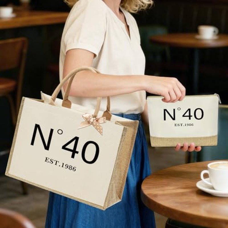 KongMoTree Birthday Gifts for Women Her, Birthday Bag, Reusable Vintage Jute Tote Bag and Makeup Bags With Zipper