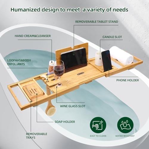 Bathtub Tray Ohuhu Premium Bamboo Bathtub Caddy Tray Expandable Foldable Bath Tray with Anti-Slip Grips Soap Wine Phone Holder Mothers Day