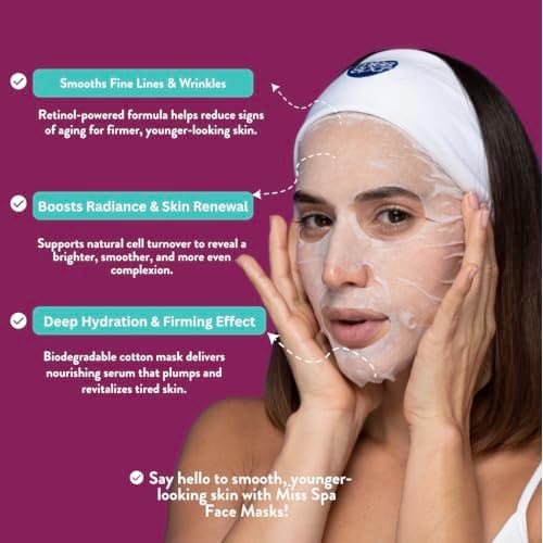 Miss Spa Anti-Aging Facial Sheet Mask, 4 Pack, Smooths Appearance of Fine Lines and Dark Spots, Hydrating and Revives Skin