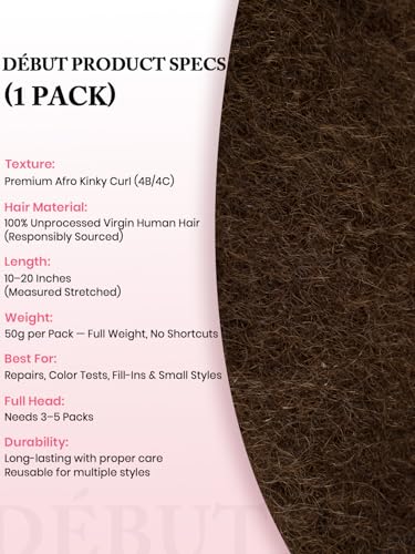 DéBUT Honey Blonde Afro Kinky Human Hair Bundles 50g - 12 Inch, Medium Brown, Tight Curly Extensions for Locs & Braids