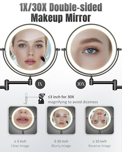 8 Inch Wall Mounted Magnifying Makeup Mirror with Light - Black - 30X/1X Variation
