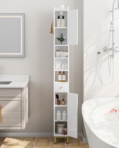 White Tall Bathroom Storage Cabinet with Shelves and Drawer - 7.9 x 7.9 x 70.9 Inches