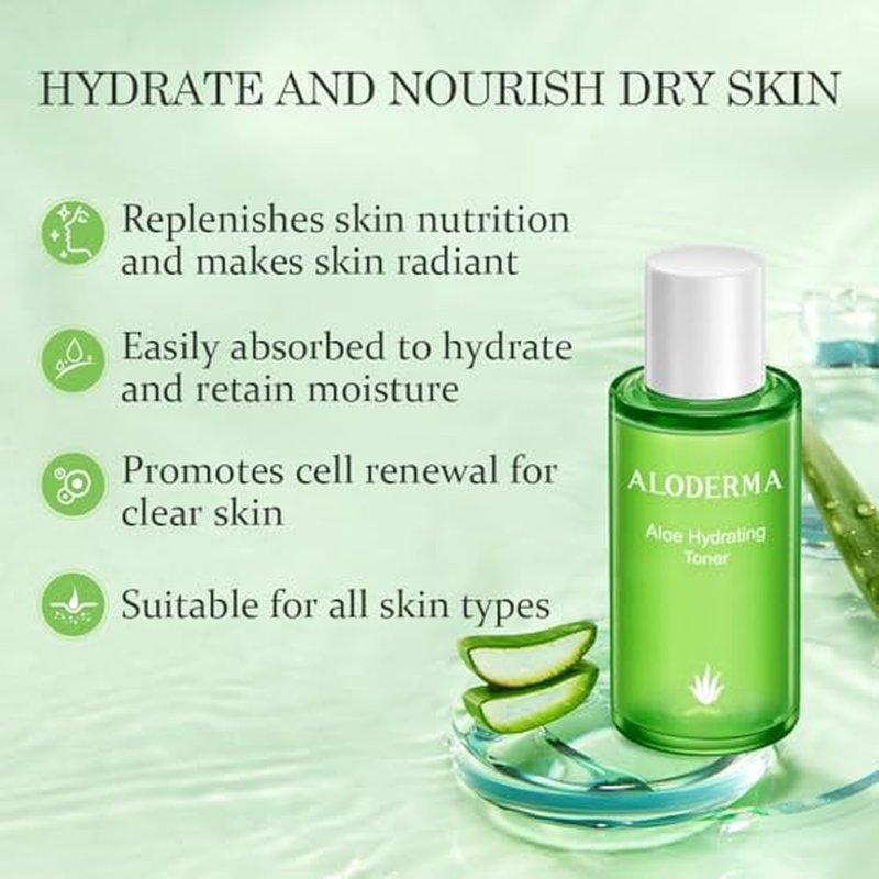 Aloderma Signature Aloe Hydrating Set - 5 Pieces - Aloe Vera Gel, Cleanser, Toner, Serum, Cream
