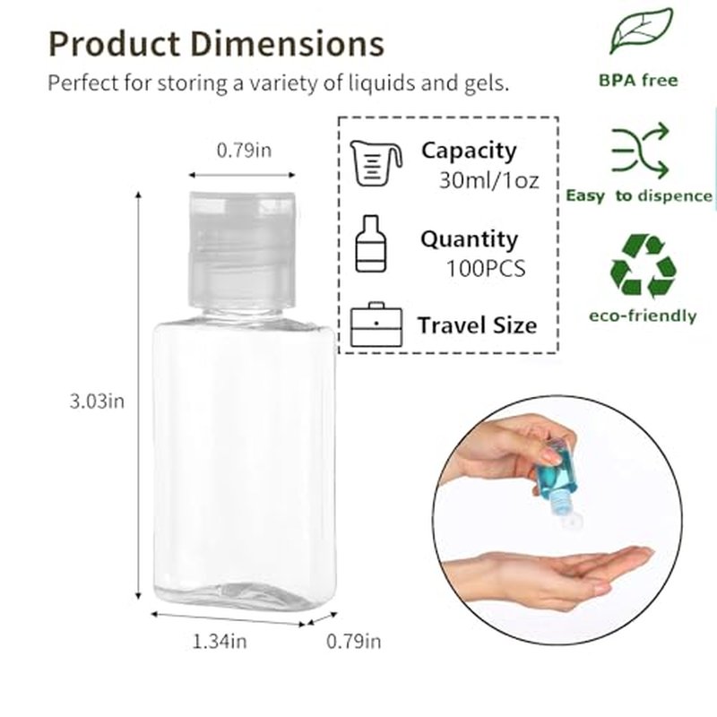 100PCS Plastic 1oz Travel Bottles, Mini Clear Travel Shampoo Bottles with Flip Cap, Small Empty Hand Sanitizer Bottle Refillable Cosmetic Containers, Portable 1oz Bottle for Body Lotion Soap Liquid