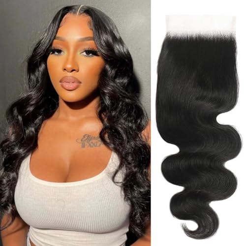 4x4 HD Lace Closure Human Hair Body Wave 16 Inch - Natural Black, Pre Plucked