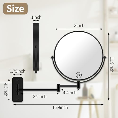 8¡± Wall Mounted Magnifying Makeup Mirror 1X/7X Wall Mount Mirror Swing Arm Two-Sided 360¡Æ Swivel Bathroom Shaving Mirror for Men and Women in Hotel/Home, Black