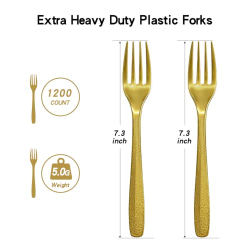 Heavy Duty Gold Plastic Forks 1200 Count - Disposable Flatware for Events