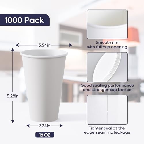 LITOPAK 16oz White Disposable Paper Coffee Cups - 1000 Pack, Bulk, Leak-Proof