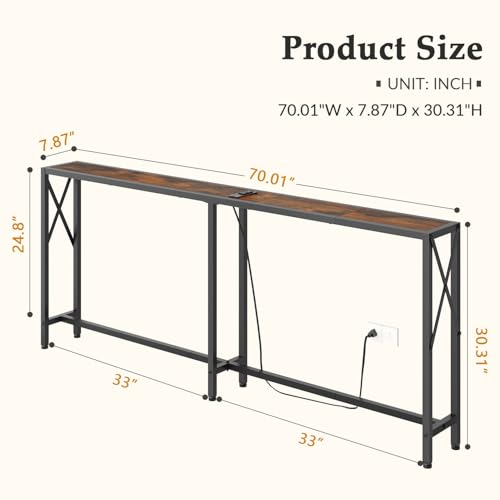 Rustic Brown 70-Inch Narrow Sofa Table with Outlets Behind Couch