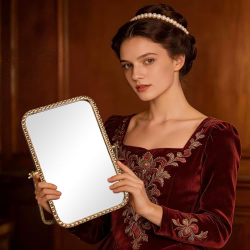 Small Vintage Rectangular Desk Mirror with Beaded Frame - Antique Gold, 12 x 7.9 inches