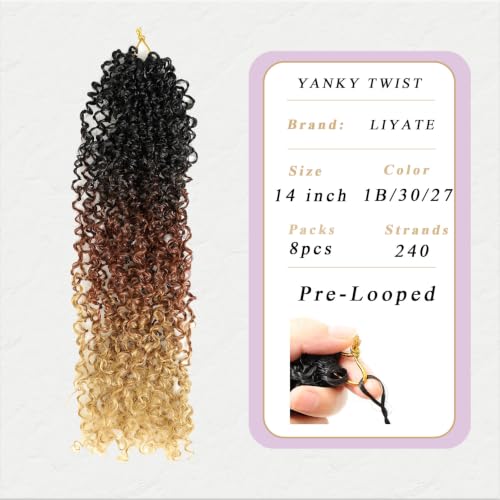 Yanky Twist Crochet Hair 14 Inch - 8 Packs of 30 Strands for Black Women - Natural Texture & Pre-Looped, Variation of 1B/30/27
