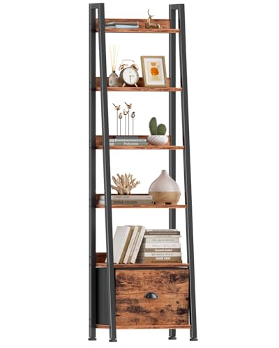 Rustic Brown 6-Tier Ladder Shelf with Fabric Drawer - Tall Storage Organizer
