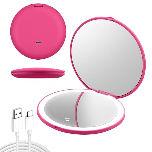 Cyn Care Hot Pink LED Travel Makeup Mirror with 1X/5X Magnification, 3 Light Modes & USB Rechargeable