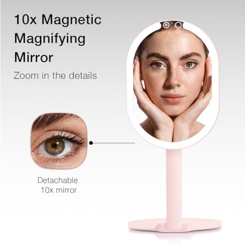 Pink Rechargeable LED Travel Makeup Mirror with 3 Light Settings & 10X Magnifier – Ultra Slim & Foldable