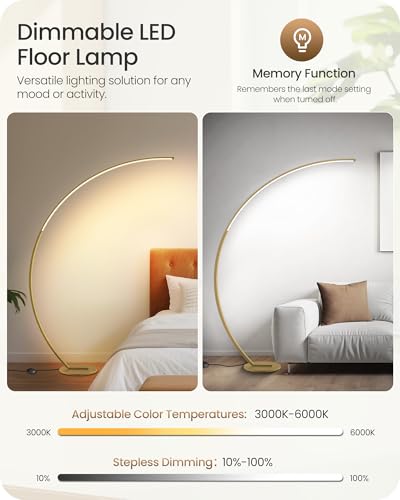75-Inch Dimmable Gold Arc Floor Lamp with Remote & Foot Control - 3 Color Temperatures